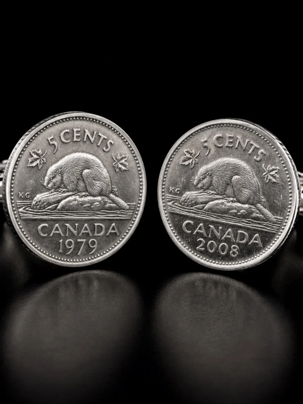 Canadian 5 Cent Beaver Coin Cufflinks 1979 & 2008 Silver Tone Reworked